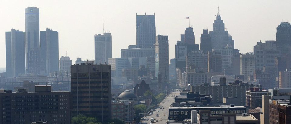 A view of the Detroit skyline is seen looking south up Woodward Avenue in Detroit, Michigan July 19, 2013. REUTERS/ Rebecca Cook