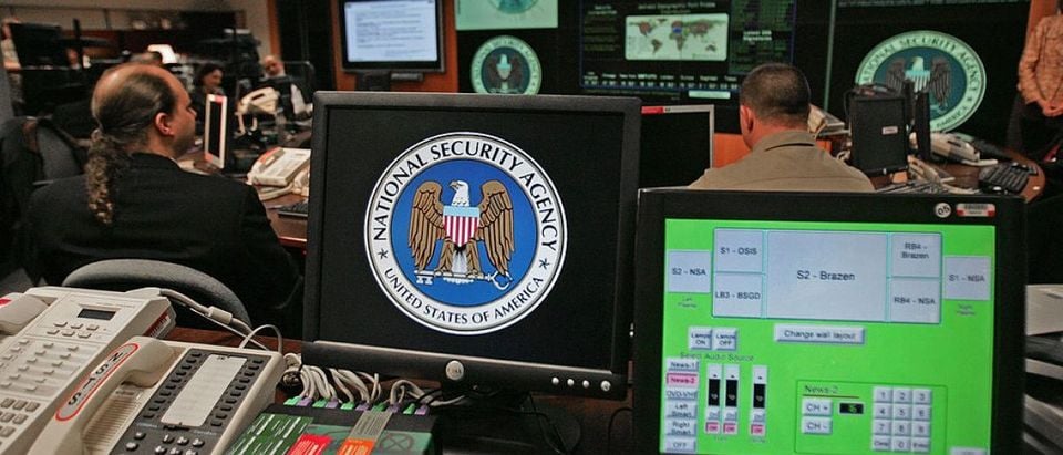 Fort Meade, UNITED STATES: A computer workstation bears the National Security Agency (NSA) logo inside the Threat Operations Center. (Photo credit: PAUL J. RICHARDS/AFP/Getty Images)