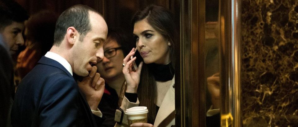 Stephen Miller, policy advisor with the Trump transition team, and Hope Hicks, communications director with the Trump campaign, arrive at Trump Tower, December 1, 2016 in New York City. (Drew Angerer/Getty Images)