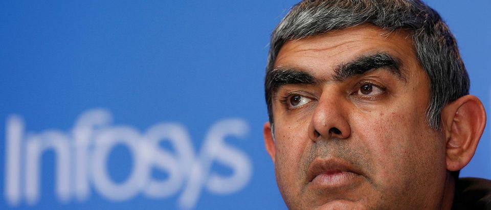 Infosys Chief Executive Vishal Sikka attends a news conference in Mumbai