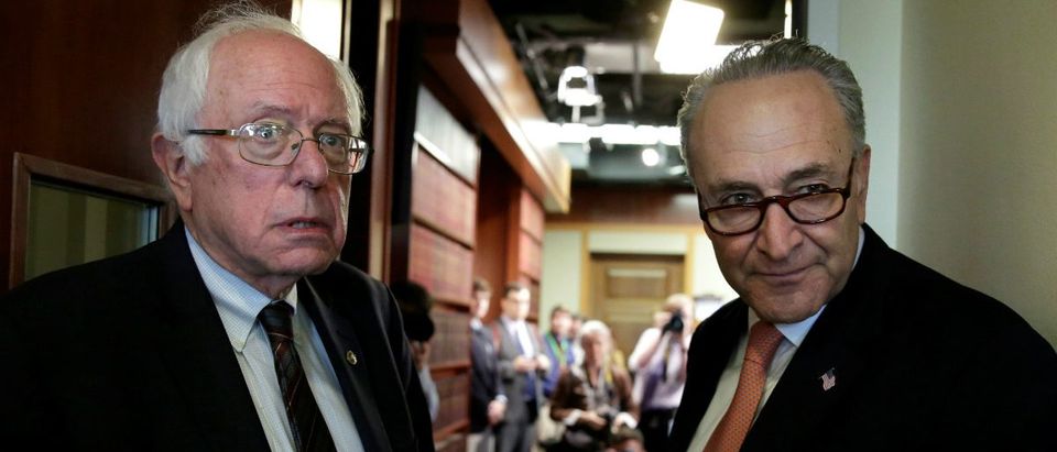 U.S. Senate Minority Leader Chuck Schumer (D-NY) (R) and Sen. Bernie Sanders (I-VT) arrive at a news conference on release of the president's FY2018 budget proposal on Capitol Hill in Washington, U.S., May 23, 2017. REUTERS/Yuri Gripas