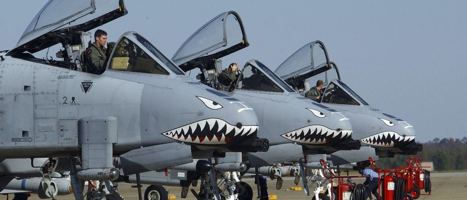 Handout photo shows U.S. Air Force A-10 Thunderbolt II aircraft being serviced on the flight line at Shaw Air Force Base in South Carolina