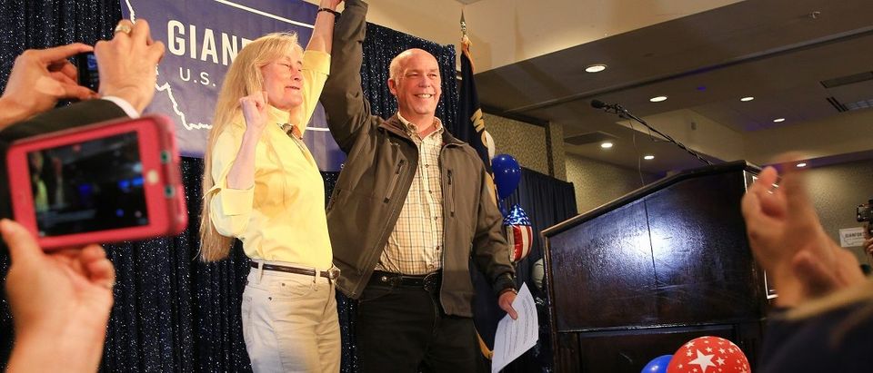 Republican Greg Gianforte celebrates with supporters after being declared the winner at a election night party for Montana's special House election against Democrat Rob Quist at the Hilton Garden Inn on May 25, 2017 in Bozeman, Montana. Gianforte won one day after being charged for assaulting a reporter. The House seat was left open when Montana House Representative Ryan Zinke was appointed Secretary of Interior by President Trump on May 25, 2017 in Bozeman, Montana. Janie Osborne/Getty Images.