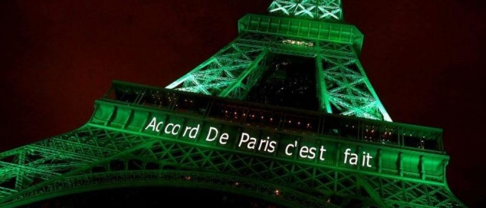 FILE PHOTO: The Eiffel tower is illuminated in green with the words "Paris Agreement is Done", to celebrate the Paris U.N. COP21 Climate Change agreement in Paris, France, November 4, 2016. REUTERS/Jacky Naegelen/File Photo | Lawmaker Torches Macron On Paris Deal