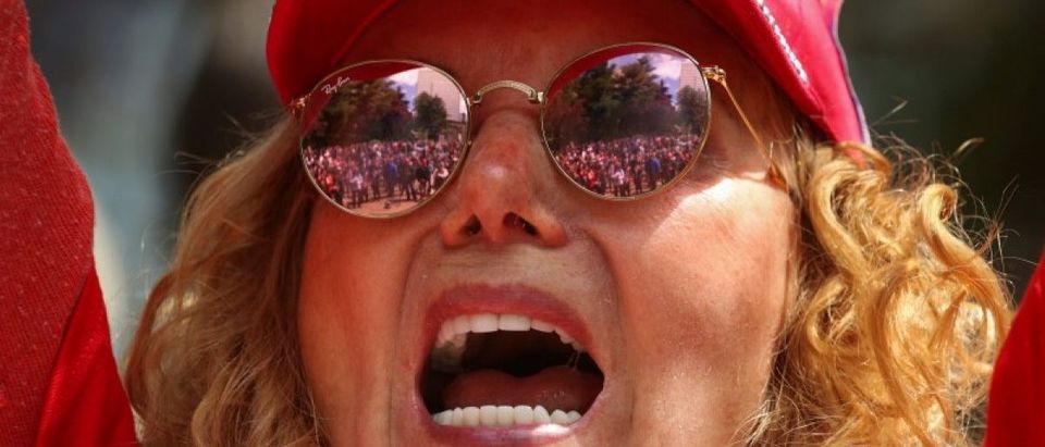 A protester cheers during the Trump Free Speech Rally in Portland, Oregon, U.S. June 4, 2017. REUTERS/David Ryder