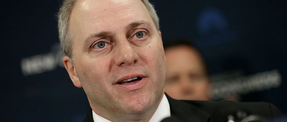 WASHINGTON, DC - JANUARY 07: Rep. Steve Scalise (L) (R-LA) answers questions during a press conference at the U.S. Capitol January 7, 2015 in Washington, DC. Boehner discussed priorities of the new U.S. Congress, and the recent attack in Paris during his remarks. (Photo by Win McNamee/Getty Images)