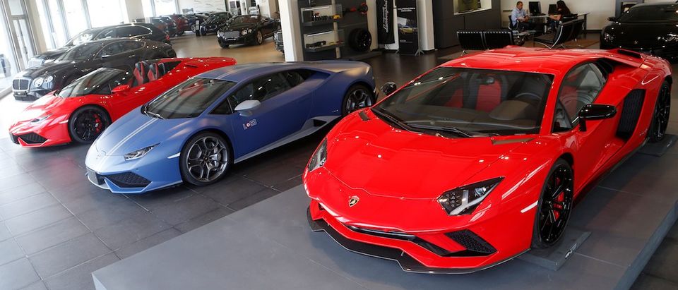 Lamborghini cars are displayed for sale inside a showroom in Beirut, Lebanon June 2, 2017. REUTERS/Mohamed Azakir - RTX38Q2X