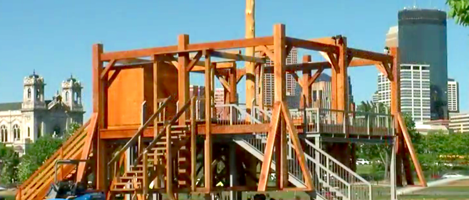 Sam Durant's "Scaffold" sculpture before it was dismantled (Screenshot/Youtube/WCCO-CBS Minnesota)