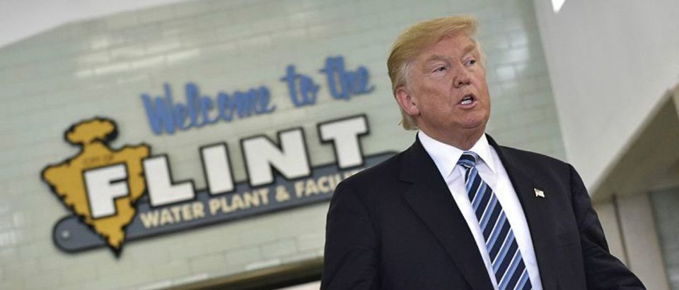 Then-Republican presidential nominee Donald Trump speaks after a tour of the Flint water plant in Flint, Michigan. (MANDEL NGAN/AFP/Getty Images.)
