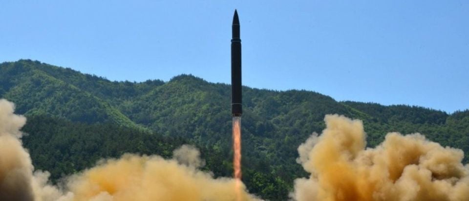The intercontinental ballistic missile Hwasong-14 is seen during its test in this undated photo released by KCNA in Pyongyang