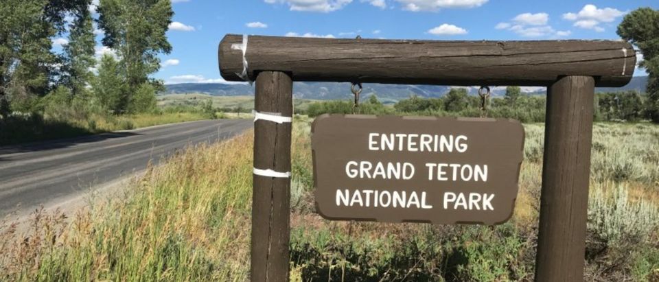 A signpost greets travellers at the Gros Ventre entrance to Grand Teton National Park, in Jackson Hole