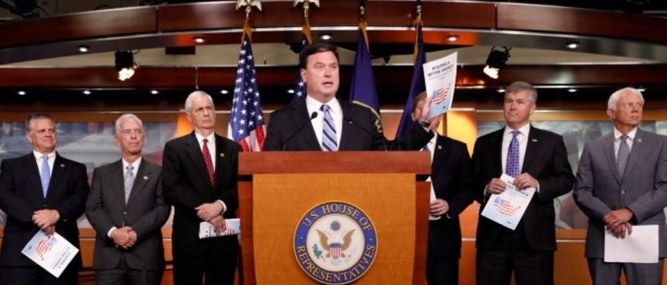 Rep. Todd Rokita (R-IN) announces the 2018 budget blueprint during a press conference on Capitol Hill in Washington, U.S., July 18, 2017. REUTERS/Aaron P. Bernstein