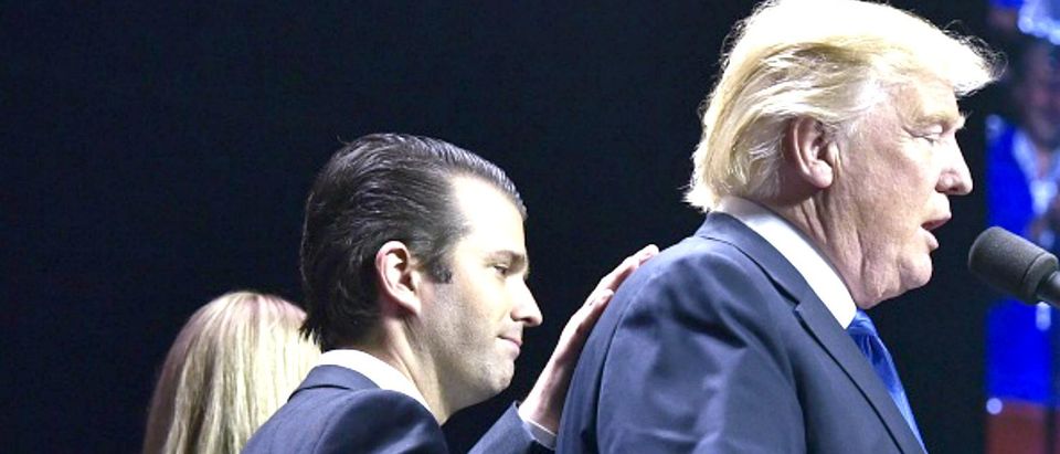 Donald Trump, Jr., (L) places a hand on the shoulder of his father, Republican presidential nominee Donald Trump, during in a rally on the final night of the 2016 US presidential election at the SNHU Arena in Manchester, New Hampshire on November 7, 2016. / AFP / MANDEL NGAN (Photo credit should read MANDEL NGAN/AFP/Getty Images)