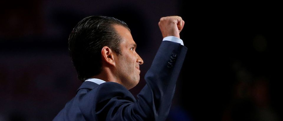 FILE PHOTO: Donald Trump Jr. thrusts fist after speaking at the 2016 Republican National Convention in Cleveland
