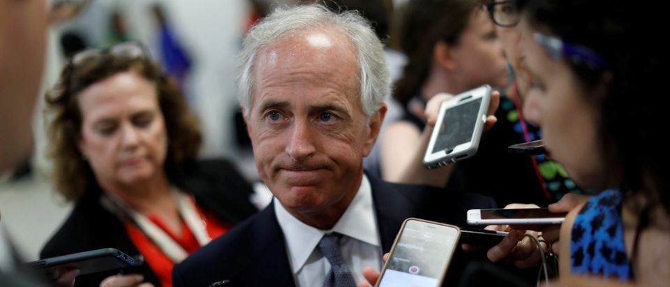 Senator Bob Corker (R-TN) speaks with reporters about the withdrawn Republican health care bill on Capitol Hill in Washington, U.S., July 18, 2017. REUTERS/Aaron P. Bernstein