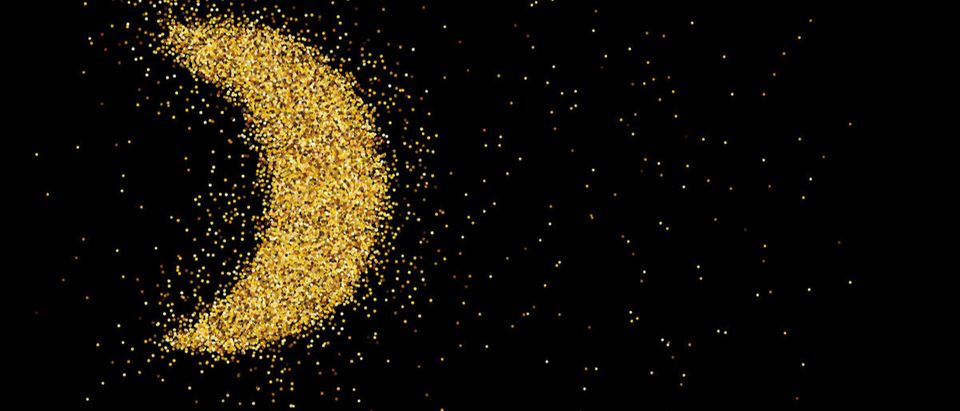 Shutterstock/ Realistic image of scattered golden glitter, sparkling dust in the shape of a crescent moon, shiny blank for cards, art, poster, Vector EPS8