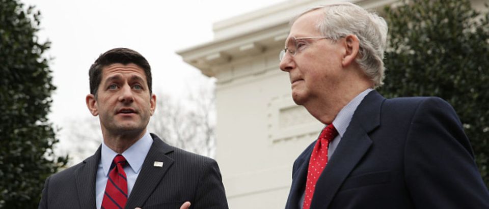Speaker of the House Rep. Paul Ryan (R-WI) (L) and Senate Majority Leader Sen. Mitch McConnell (R-KY) (R) speak to members of the media in front of the West Wing of the White House February 27, 2017 in Washington, D.C. (Photo by Alex Wong/Getty Images)