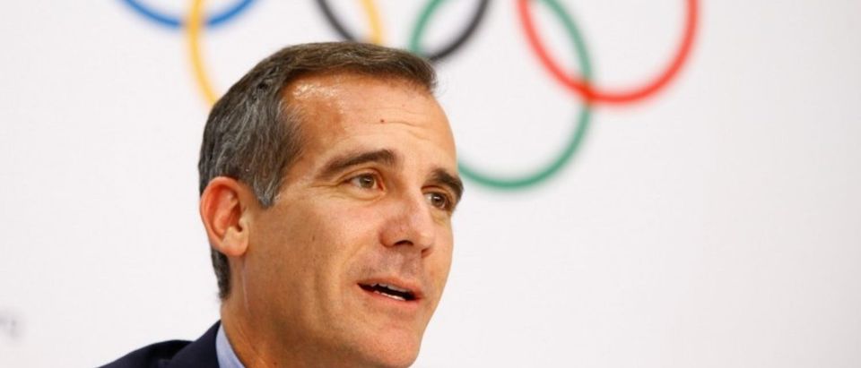 FILE PHOTO: Mayor of Los Angeles Eric Garcetti attends the news conference after the voting during the International Olympic Committee (IOC) extraordinary session in Lausanne, Switzerland, July 11, 2017. REUTERS/Pierre Albouy/File Photo