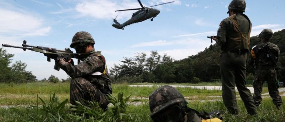 South Korean soldiers take part in a military drill which held as a part of the Ulchi Freedom Guardian exercise in Yongin