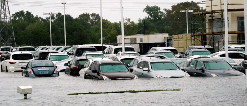 A car dealership is covered by Hurricane Harvey floodwaters near Houston