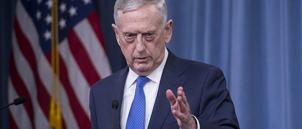US Secretary of Defense Jim Mattis holds a press briefing at the Pentagon in Washington, DC, May 19, 2017. Pentagon chief Jim Mattis stressed Thursday that America is not getting more involved in Syria's civil war, after the US-led coalition struck a pro-regime convoy heading for a remote garrison. / AFP PHOTO / SAUL LOEB (Photo credit should read SAUL LOEB/AFP/Getty Images)