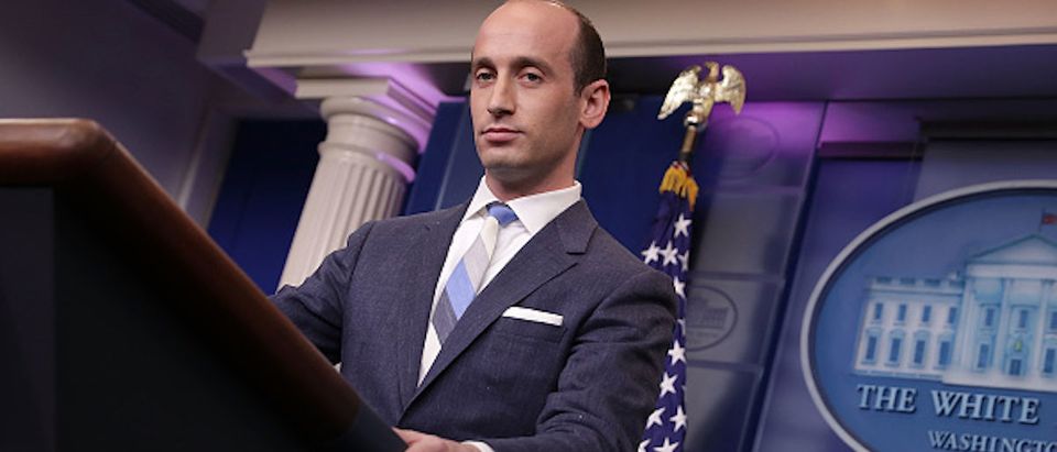 Senior Advisor to the President for Policy Stephen Miller talks to reporters about President Donald Trump's support for creating a 'merit-based immigration system' in the James Brady Press Briefing Room at the White House Aug. 2, 2017 in Washington, DC. (Photo by Chip Somodevilla/Getty Images)