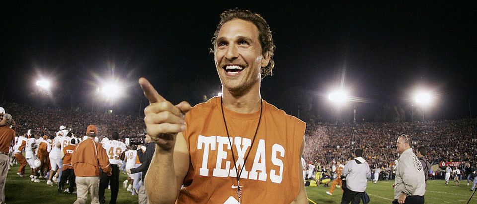 Actor Matthew McConaughey celebrates on the field after the Texas Longhorns defeated the Michigan Wolverines in the 91st Rose Bowl Game at the Rose Bowl on January 1, 2005 in Pasadena, California. Texas defeated Michigan 38-37. (Photo by Donald Miralle/Getty Images)
