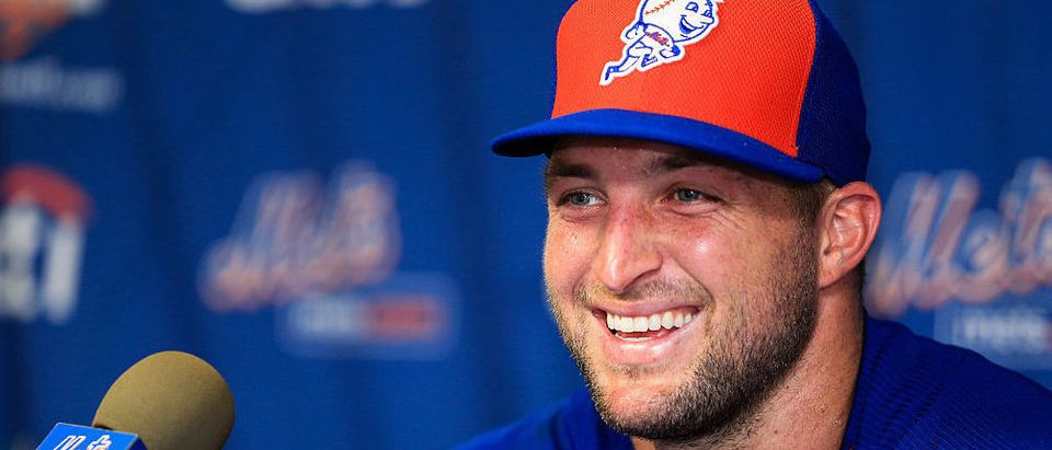 Tim Tebow #15 of the New York Mets speaks at a press conference after a work out at an instructional league day at Tradition Field on September 20, 2016 in Port St. Lucie, Florida. (Photo by Rob Foldy/Getty Images)