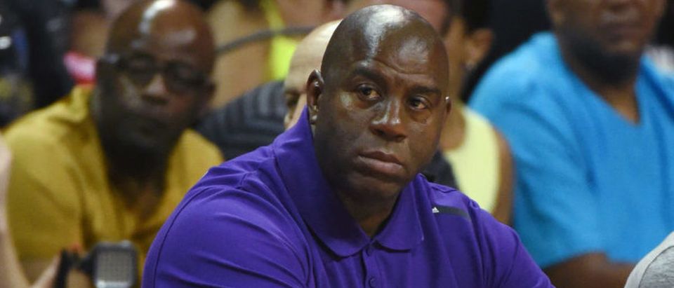 Los Angeles Lakers president of basketball operations Earvin "Magic" Johnson watches the Lakers take on the Boston Celtics during the 2017 Summer League at the Thomas &amp; Mack Center on July 8, 2017 in Las Vegas, Nevada. Boston won 86-81. NOTE TO USER: User expressly acknowledges and agrees that, by downloading and or using this photograph, User is consenting to the terms and conditions of the Getty Images License Agreement. (Photo by Ethan Miller/Getty Images)