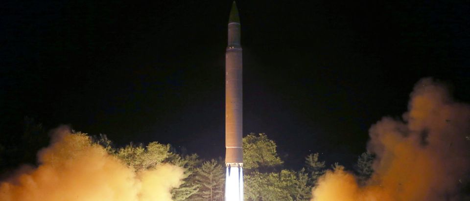 Intercontinental ballistic missile (ICBM) Hwasong-14 is pictured during its second test-fire