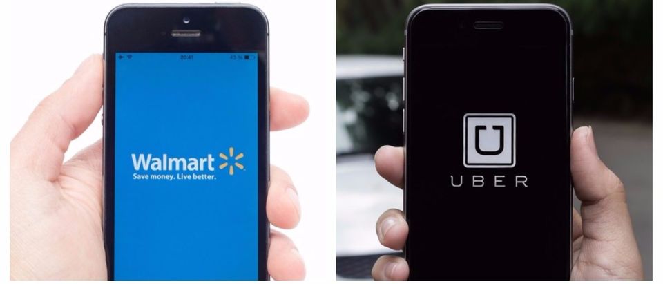 Left: Walmart app on a smartphone. [Shutterstock - Vdovichenko Denis] Right: Uber app on a smartphone. [Shutterstock - Jirapong Manustrong]