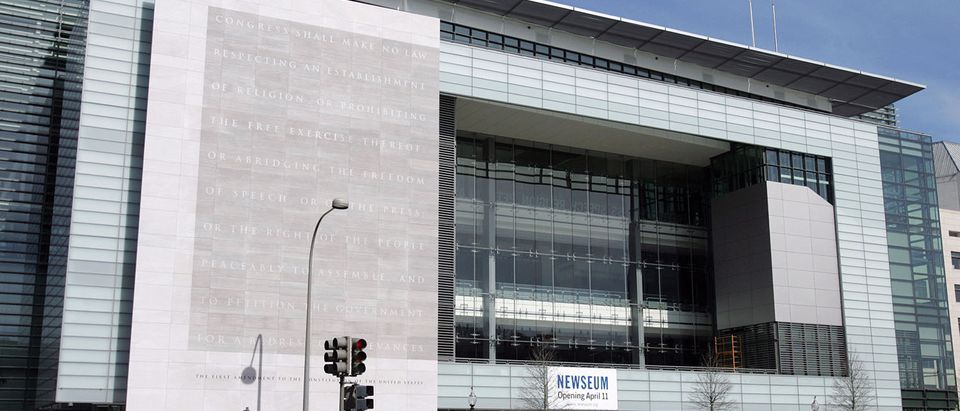 The exterior of the Newseum, a 250,000 square-foot museum dedicated to news, is seen in Washington, DC, February 21, 2008. Set to open April 11, the Newseum includes 15 theaters, 14 galleries, two state-of-the-art broadcast studios and a 4-D time-travel experience. AFP PHOTO/SAUL LOEB (Photo credit should read SAUL LOEB/AFP/Getty Images)