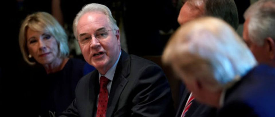 Health and Human Services Secretary Tom Price speaks to President Donald Trump during a Cabinet meeting at the White House in Washington, June 12, 2017. REUTERS/Kevin Lamarque