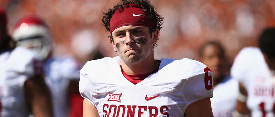 DALLAS, TX - OCTOBER 10: Baker Mayfield #6 of the Oklahoma Sooners walks off the field after a 24-17 loss against the Texas Longhorns during the 2015 AT&T Red River Showdown at Cotton Bowl on October 10, 2015 in Dallas, Texas. (Photo by Ronald Martinez/Getty Images)