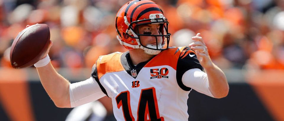Andy Dalton #14 of the Cincinnati Bengals throws a pass during the second quarter of the game against the Baltimore Ravens at Paul Brown Stadium on September 10, 2017 in Cincinnati, Ohio. (Photo by Michael Reaves/Getty Images)