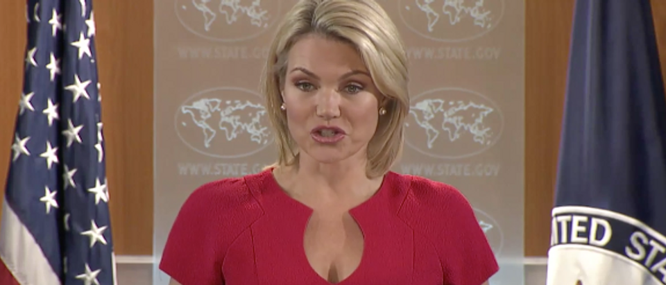 State Department spokeswoman Heather Nauert briefs reporters at the State Department, Sept. 28, 2017. (Via State Department)