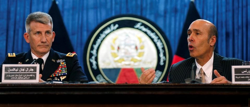 U.S. Army General John Nicholson, Commander of Resolute Support forces and U.S. forces in Afghanistan, and U.S. ambassador Hugo Llorens speak about the U.S. new strategy for Afghanistan during a news conference in Kabul