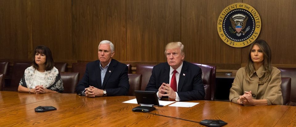 President Donald Trump, Vice President Mike Pence, Melania Trump and Karen Pence receive an update briefing on Hurricane Irma at Camp David Sept. 10 (Photo: Shealah Craighead/White House Press Office/Released)