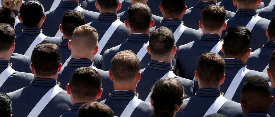 Graduating cadets sit together during commencement ceremonies at the United States Military Academy in West Point