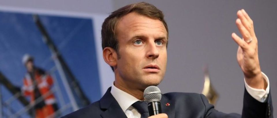 French President Emmanuel Macron delivers a speech during a visit to The School of Application to the Trades of Public Works (EATP) in Egletons