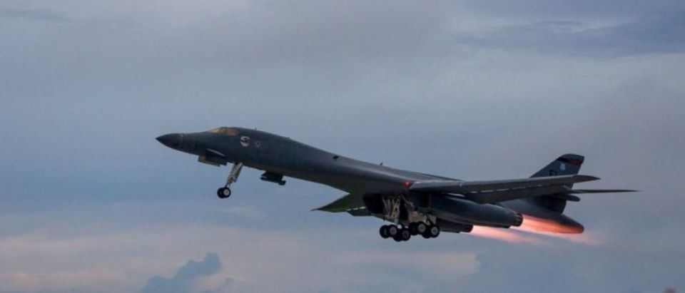 A U.S. Air Force B-1B Lancer assigned to the 37th Expeditionary Bomb Squadron, takes-off to fly a bilateral mission with Japanese and South Korea Air Force jets in the vicinity of the Sea of Japan, from Andersen Air Force Base, Guam, October 10, 2017. Staff Sgt. Joshua Smoot/U.S. Air Force/Handout via REUTERS