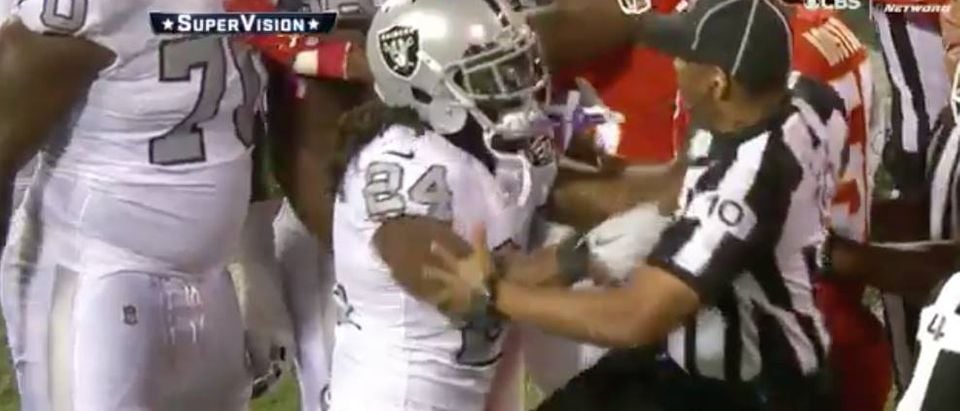 Marshawn Lynch shoving a referee Oct. 19, 2017. (Screen capture from Twitter video)