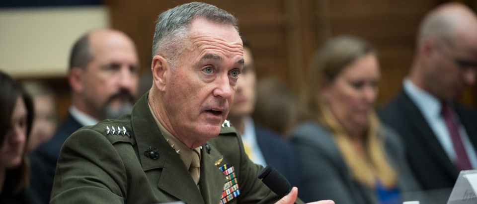 U.S. Marine Corps Gen. Joseph F. Dunford, Jr., chairman of the Joint Chiefs of Staff, testifies during a House Armed Services Committee hearing on Capitol Hill, Oct. 3, 2017. Gen. Dunford testified alongside Secretary of Defense Jim Mattis about the U.S. Defense strategy in South Asia. (DoD Photo by U.S. Army Sgt. James K. McCann)