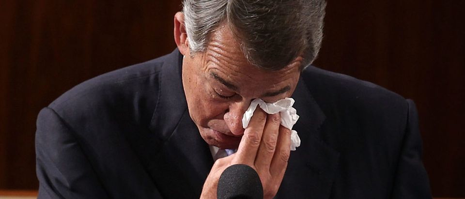 WASHINGTON, DC - OCTOBER 29: Outgoing U.S. Speaker of the House Rep. John Boehner (R-OH) wipes his eye as he gives his farewell speech in the House Chamber of the Capitol October 29, 2015 on Capitol Hill in Washington, DC. The House of Representatives is scheduled to vote for a new speaker to succeed Boehner today. (Photo by Alex Wong/Getty Images)