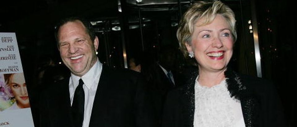 Harvey Weinstein and Hillary Clinton attending the "Finding Neverland" premiere in October 2004 in New York City. (Photo by Evan Agostini/Getty Images)