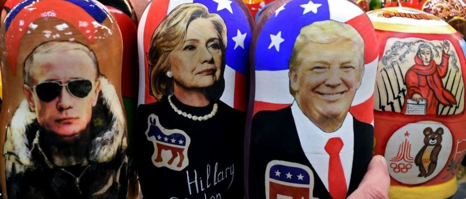 Traditional Russian wooden nesting dolls, Matryoshka dolls, depicting Russia's President Vladimir Putin, US Democratic presidential nominee Hillary Clinton and US Republican presidential nominee Donald Trump are seen on sale at a gift shop in central Moscow on November 8, 2016. (KIRILL KUDRYAVTSEV/AFP/Getty Images)