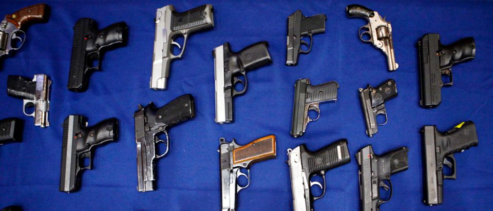 Seized handguns are pictured at the police headquarters in New York City