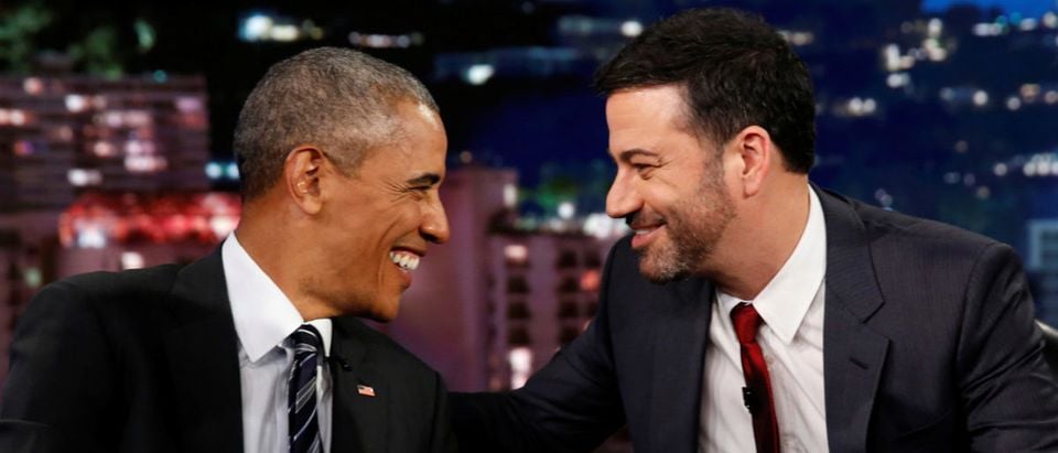 Jimmy Kimmel sharing a tender moment with President Barack Obama. October 24, 2016. REUTERS/Kevin Lamarque