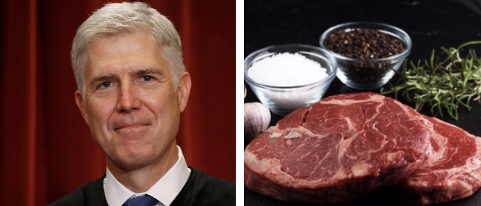 Justice Neil Gorsuch appears beside an uncooked steak. (L/Reuters:R/Shuttershock)