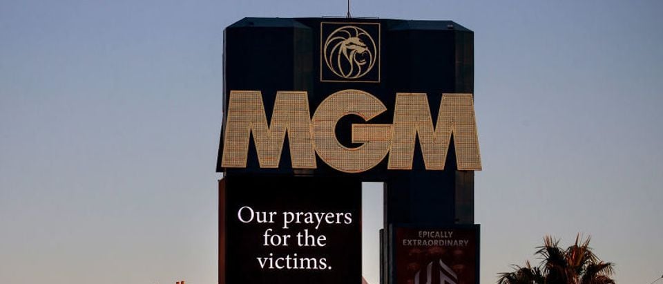 A message of condolences for the victims of Sunday night's mass shooting is displayed on the marquee of the MGM Grand Hotel &amp; Casino, October 3, 2017 in Las Vegas. (Photo by Drew Angerer/Getty Images)
